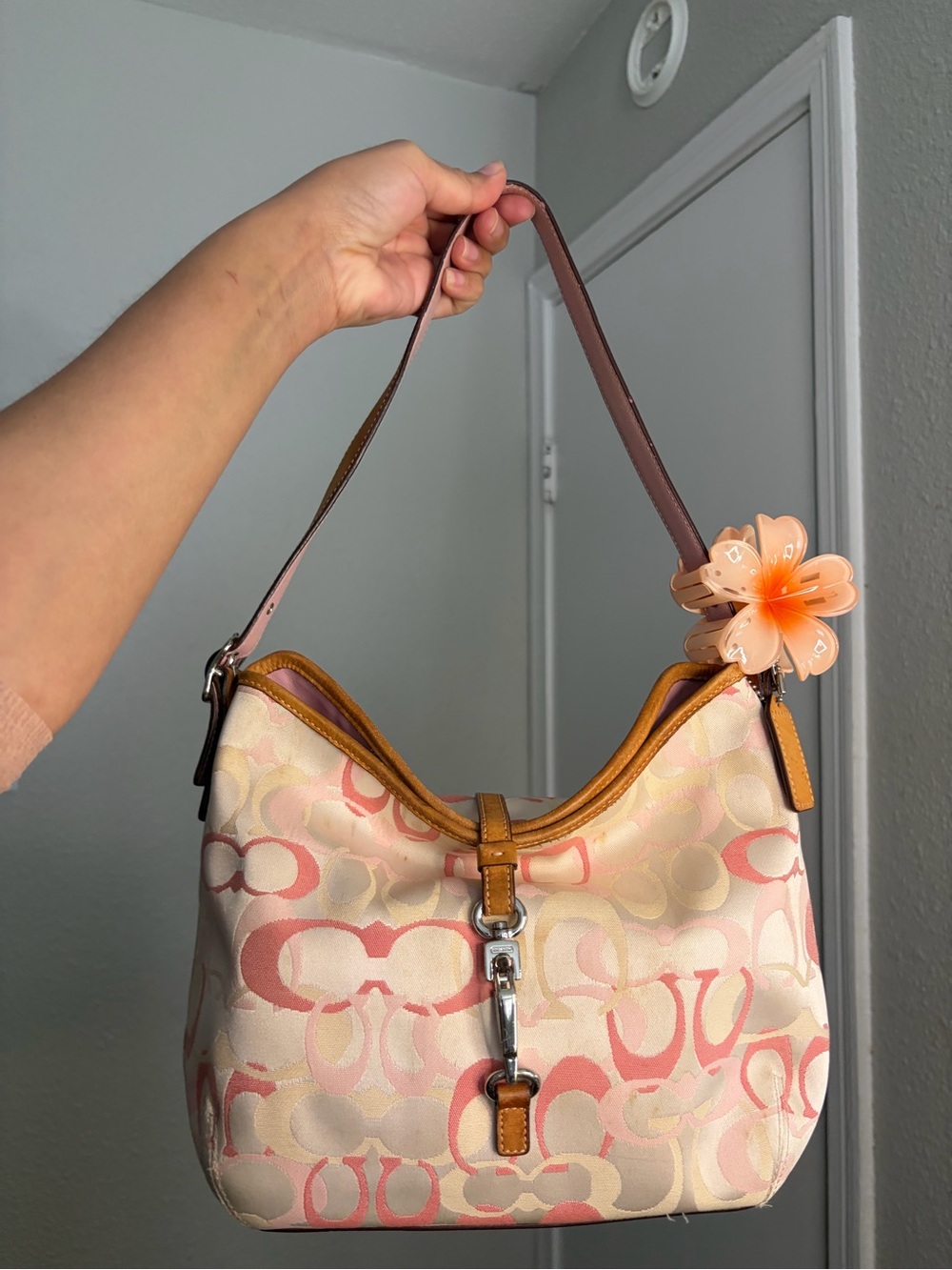 Coach Pink & Cream Signature-Print Shoulder Bag with Tan Trim